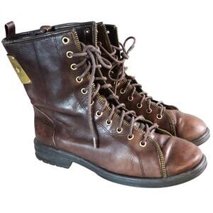 BCBG Eloise Brown Leather Moto Boots Combat Flat Lace up Round Toe Womens 8 M